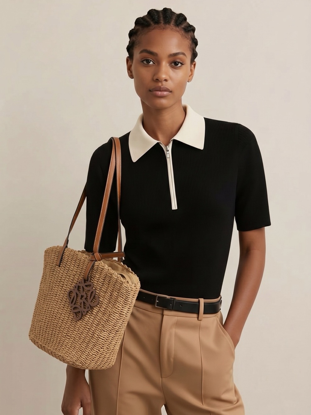 Woven Straw Tote with Leather Trim - Tan